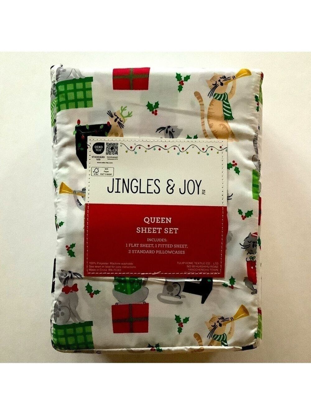 Jingles & Joy Christmas Cats Sheet Set 4-pc. Queen New